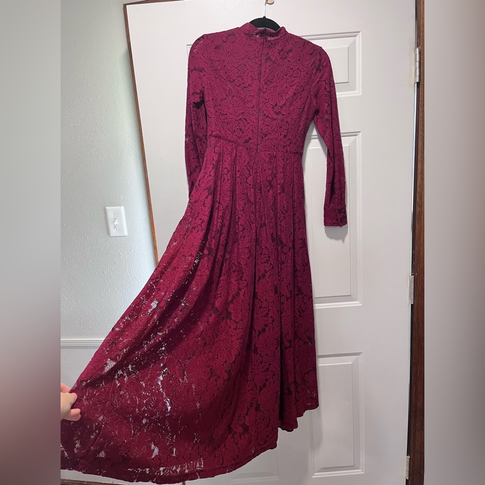 SOLD MAROON Long sleeve She’s LACE DRESS Tie Front Zip up Size Small BURGANDY - Picture 5 of 14